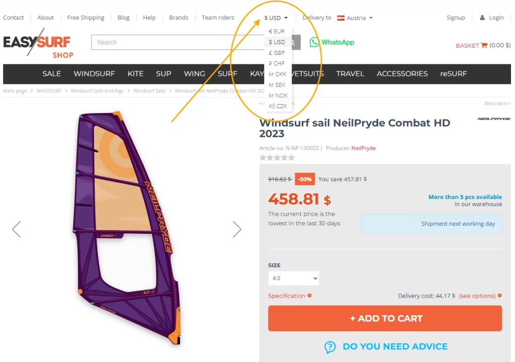 Image showing where to choose currency on EASY-surfshop