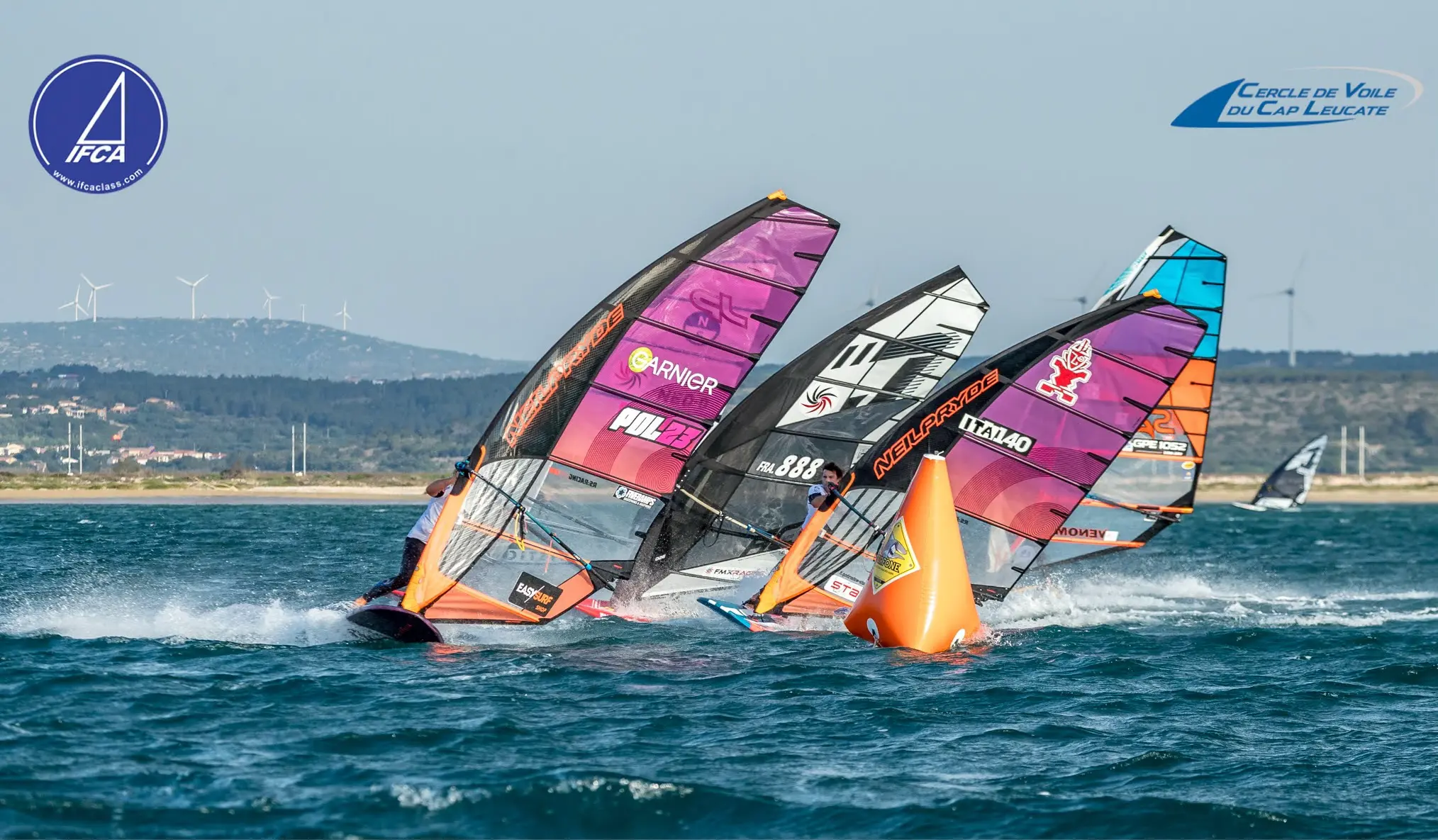 Maciek Rutkowski POL23 racing at the buoy, IFCA World Championships 2026 Leucate